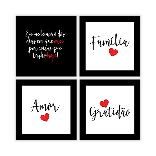 Kit 4 Quadros Decorativos 19x19 cm com MOLDURA Compos&ecirc; Fam&iacute;lia Amor Gratid&atilde;o Vermelho (Preto)
