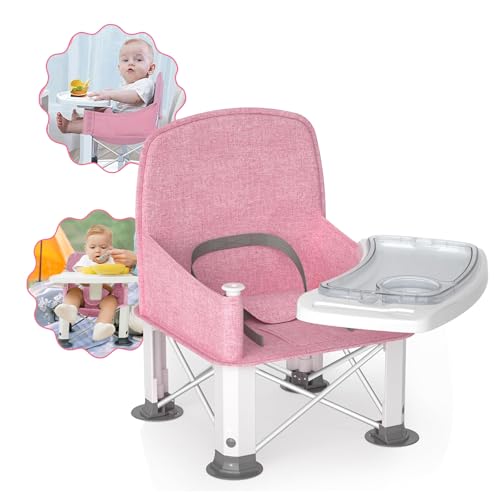 Image of Baby Travel Booster Seat with Double Tray, BabyBond Upgraded Toddler Portable Baby Chair, Booster Seat for Dining Table, Stable and Foldable Booster Baby Chair for Indoor/Outdoor (Pink)