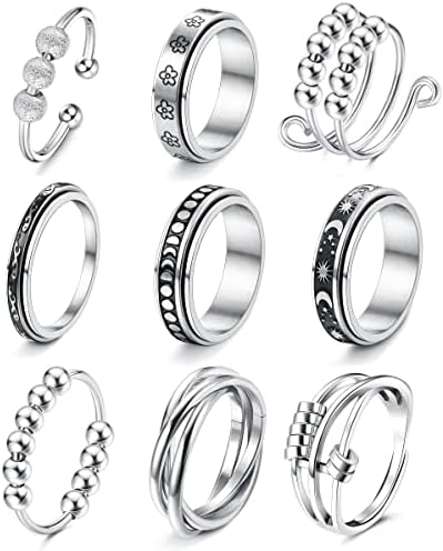 Jstyle Fidget Rings for Anxiety 9pcs Stainless Steel Anti Anxiety Spinner Ring with Beads Moon Star Triple Interlocked Rolling Flower Cool Stress Relieving Band Rings Set for Women Men thumbnail