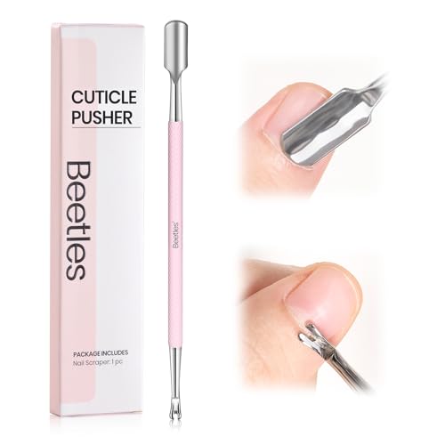 Image of Beetles Cuticle Pusher Dual Ended Cuticle Remover with Round End Push Back Cuticles Fork End Remove Lifted Cuticles Nail Prep Tool Stainless Steel Pink Two in One Dead Skin Nail Scraper