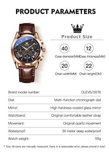 Image of OLEVS Watches for Men Original Analog Quartz Stylish Brown Leather Luxury Business Chronograph Waterproof Date Mens Wrist Watch