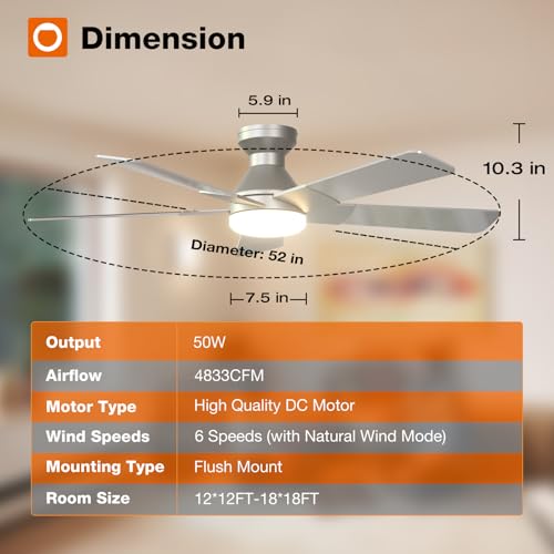 Image of addlon Ceiling Fans with Lights, 52 Inch Low Profile Ceiling Fan with Light and Remote Control, Flush Mount, Reversible, 3CCT, Dimmable, Quiet, Silver Ceiling Fan for Bedroom Indoor /Outdoor Use