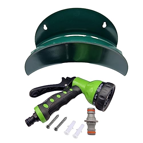 Heavy-Duty Metal Garden Hose Hanger Set with 8-Pattern Spray Gun & Double Male Hose Connector - Rustproof Wall-Mounted Storage. Set by MYPURECORE