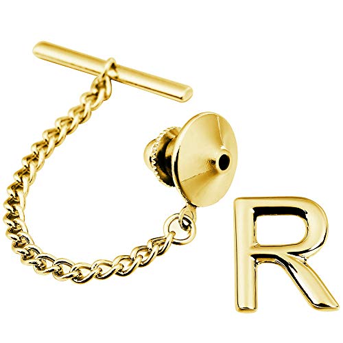 AMITER Men Tie Tack Gold Initial Tie Pin with Chain Personalized Tie Tack- Best Accessories for Necktie, Bow Tie, Hat and Suspenders