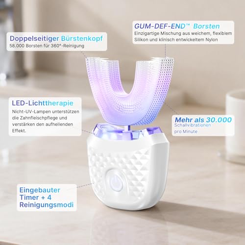 Automatische Ultraschall Zahnbürste, Elektrische Schallzahnbürste mit Timer, 4 Modi, 360°-Rundumreinigung des Mundraums, U-förmiges Design
