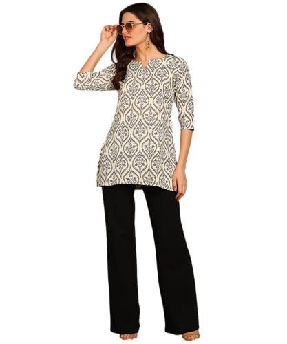 Image of DSK Studio Women's Cotton Short Kurti with Notch Neck Line 3 /4th Sleeves Floral Pattern Short Length and Regular Fit
