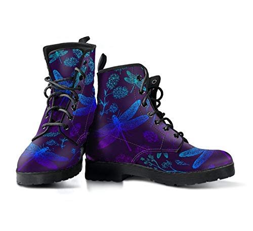 Purples and Blues Dragonfly Memory Foam Boots | All Season Lace Up Boots | Vegan Leather Combat Boot