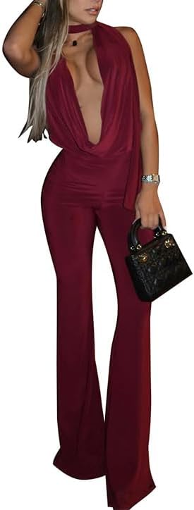 Women's Sexy Jumpsuit Halter Neck Draped Cowl Backless Bodycon Romper Y2k Going Out Clubwear One Piece Outfits
