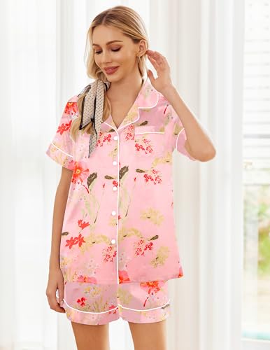 Image of Ekouaer Womens Silk Satin Pajama Sets Soft Short Sleeve Button Down Sleepwear Top and Shorts 2 Piece Pjs Lounge Set