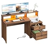 Bestier 55 Inch Wood Computer Desk with Lockable File Drawer, Charging Station & LED Lights - Home Office Desk with Storage Shelves, Printer Shelf & Monitor Stand, Wooden Desk for Study & Work, Walnut