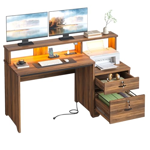 Bestier 55 Inch Wood Computer Desk with Lockable File Drawer, Charging Station & LED Lights - Home Office Desk with Storage Shelves, Printer Shelf & Monitor Stand, Wooden Desk for Study & Work, Walnut