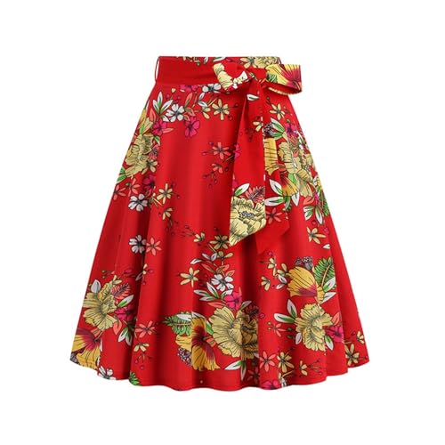 Women's High Waist A-Line Skirts Vintage Floral Print Flared Skirt 1950s Belted Midi Skirt Knee Length Skirts