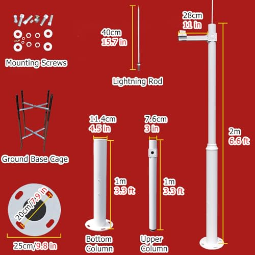 Support de caméra de sécurité extérieure en acier galvanisé avec colonne de fixation, système d'extension et poteau de 2 m (6,6 pi) réglable, blanc, avec paratonnerre de 40 cm (15,7 po) et t