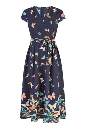 Mela London Mela Navy Butterfly Print Dip Hem Midi Wrap Dress 24 Navy