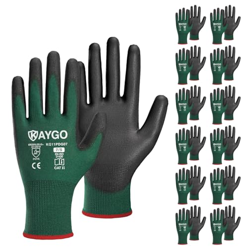 Image of KAYGO Work Gloves for Men and Women,12 Pairs Seamless Knit PU Coated Safety Gloves, with Smooth Grip on Palm and Fingers, Ideal for Light Warehouse, Manufacturing, Gardening, KG11P (S,Dark Green)