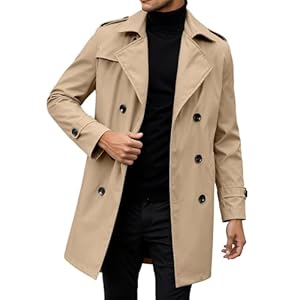 Generisch Trench coat pour homme - Manteau long à double boutonnage - Imperméable - Coupe-vent - Manches longues - Coupe ajustée - Couleur unie - Veste d'extérieur classique mi-saison, kaki, M