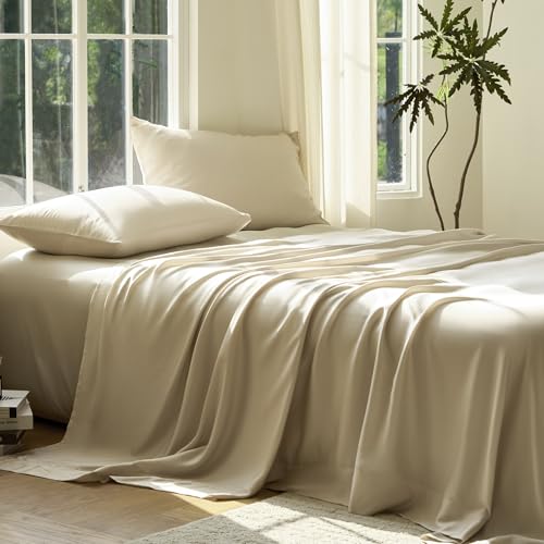 Image of DOZ Sheet Set, 100% Viscose derived from Bamboo, Organically Grown, Buttery Soft, Cooling Sheets, High GSM, Deep Pockets - 3 Piece - 2 Pillowcases 1 Fitted Sheet (Sand, Queen)