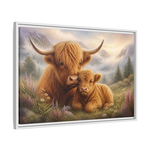 Décoration murale vache Highland : tableau horizontal encadré blanc pour dessus de canapé