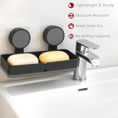 Image of Plastic Self-Adhesive Soap Holder for Bathroom with Removable Drain Tray | Wall Mount No Drill Stickable Long Soap Stand for Kitchen Sink | Black