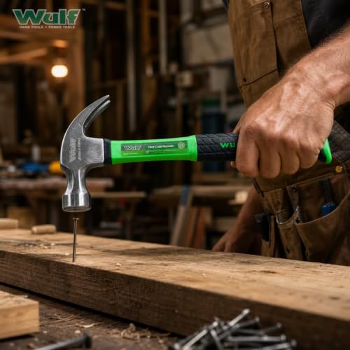 Image of WULF 16oz Heavy Duty Claw Hammer | Drop-Forged Steel Head with Shockproof Fiberglass Handle | Durable Anti-Slip Grip for Carpentry, Construction, and Home DIY | Professional Hand Tool