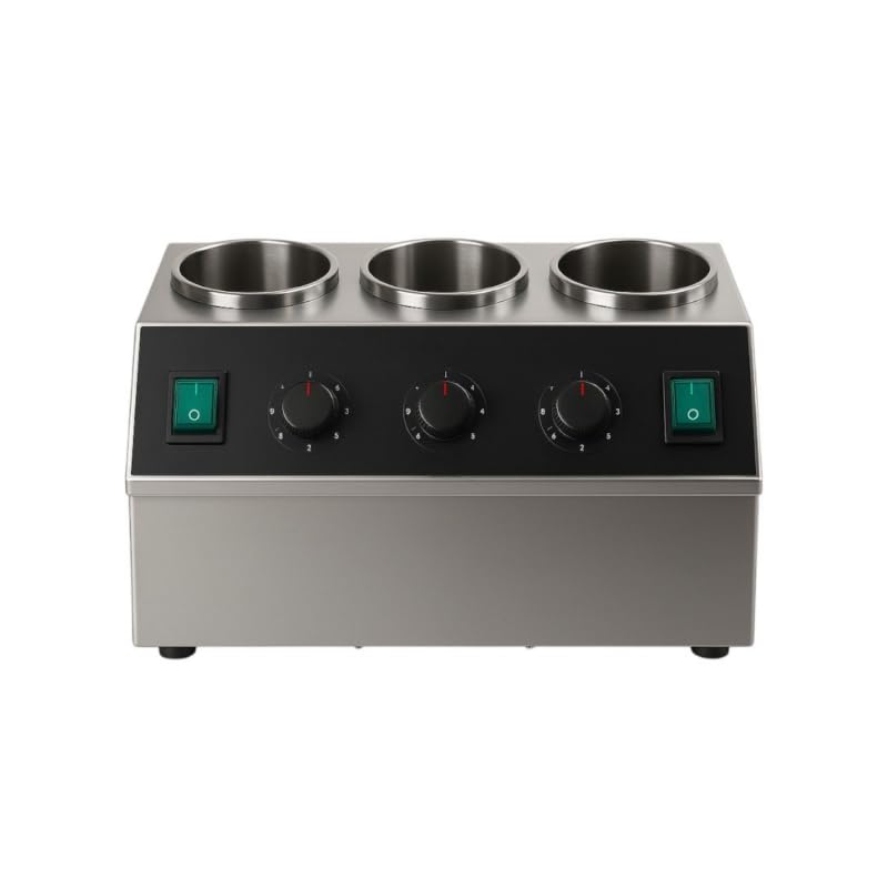 Calentador de Salsas eléctrico Triple, baño maría Profesional de 240 W, Calentador de Salsas de Acero Inoxidable con termostato Regulable y 3 Botellas de 700 ml Incluidas