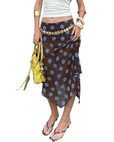 CORIRESHA Women's Y2K Contrast Polka Dot Midi Skirt Semi-Transparent Irregular Skirt