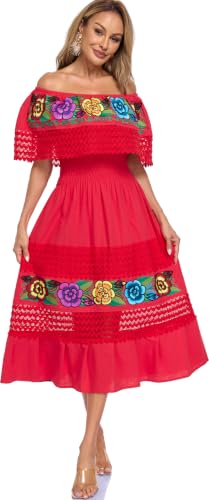 Image of YZXDORWJ Women Embroidered Mexican Peasant Casual Sexy Lace Off-Shoulder Long Dress
