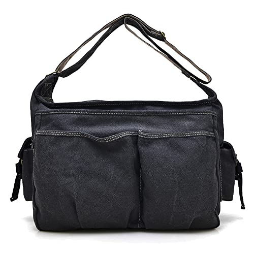 LOSMILE Bolso Bandolera Grande para hombre. Bolsos de hombro de lona con múltiples bolsillos Bolso satchel para uso diario en el trabajo al aire libre .38CM 14 pulgadas .(Negro)