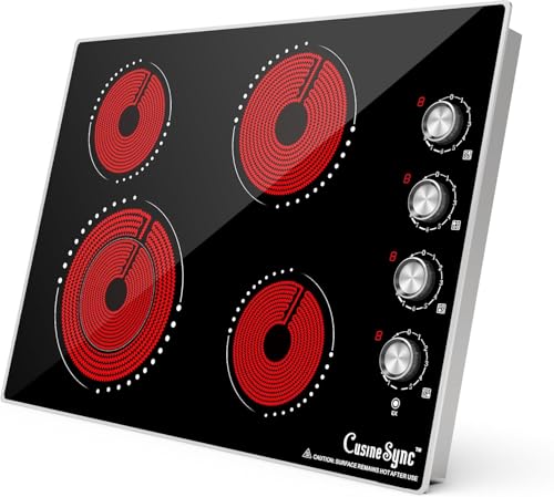 Cusinesync 30 Inch Built-In Electric Ceramic Glass Cooktop, 4 Burners, 7200W Total Power, Knob Control, Compatible with Flat-Bottom Cookware, 220-240V Hardwired