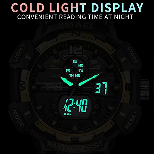SMAEL Men's Military Watch Outdoor Sports Waterproof Digital White Watches Big Wrist with Alarm Date Multifunction LED Stopwatch