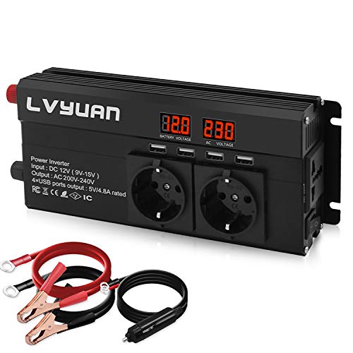 LVYUAN Convertisseur de tension 12 V 230 V 800 W/1600 W Onduleur avec 3 prises et 4 indicateurs de tension USB LED