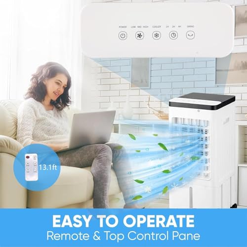 مكيف هواء محمول 3 في 1، مروحة تبريد 3 سرعات و3 اوضاع، مبرد هواء تبخيري للمنزل بخزان مياه سعة 8 لتر، مروحة مستنقع متذبذبة بالتبخير ومؤقت 7 ساعات وجهاز تحكم عن بعد