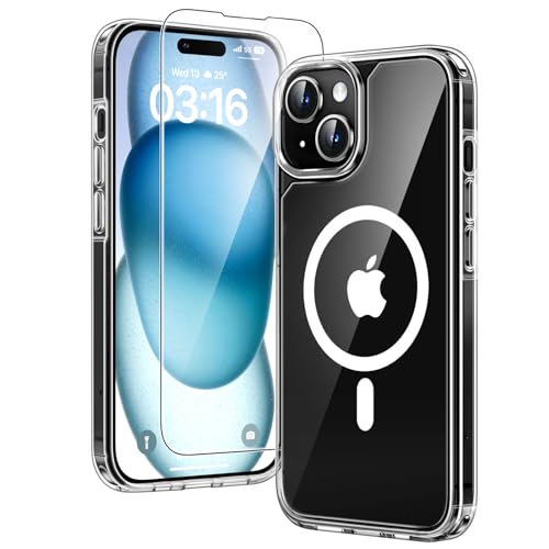 TAURI für iPhone 15 Plus Hülle 6 7 mit Panzer Schutz Glas Folie Kompatibel mit MagSafe Schutz nach Militärstandard [Anti-Vergilbung] Stoßfest Magnetisch Handyhülle - Durchsichtig