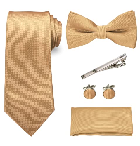 RBOCOTT Cravate et noeud papillon unicolore avec pince à cravate et boutons de manchette ensembles, champagne, Taille Unique Cover