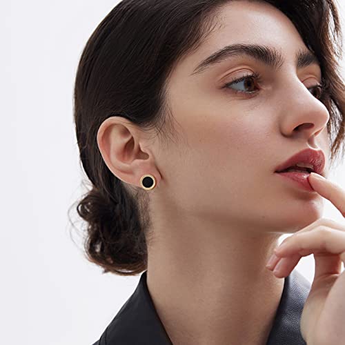 Mesovor Black Round Stud Earrings For Women, 18K Gold Plated Classic Imitation Fritillaria Earrings | Small Lightweight Circle Cubic Zirconia Stud Earrings For Girls Mother Mom Her (12Mm, Black) #TOP2