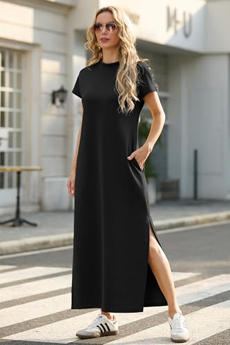 GRECERELLE 2025 Women Summer Mock Neck Short Sleeve Casual Loose Split Wrinkle-Free Long Maxi Dress with Pockets2