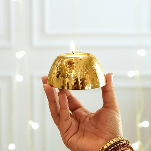 Image of BEHOMA Pebble Bowl Metal Tealight Candle Holders Set | Gold Hammered Decorative Tealight Holder for Home Decor | Luxury Table Accent Romantic Ambient Lighting | Candle Set (8.5 cm, Pack of 2)