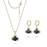 Feasnow Lucky Clover Sets Clover Necklace and Hoop Earrings- Black White Green Pendant- 18k Gold Plated Fashion Cute Jewelry for Women Bring Good Luck (Gold-Black)