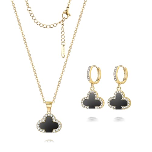 Clover Necklace and Clover Earrings Black White Green Red Pendant 18k Gold Plated Lucky Clover Jewelry Set for Women Trendy