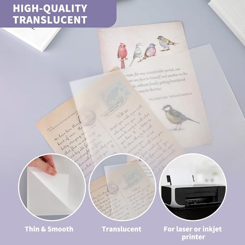 souG Papel de velino translúcido 21 x 28 cm, 100 folhas imprimíveis transparentes 93 g/m2/28,6 kg pa