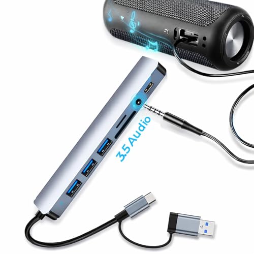 Image of Primate 8-in-1 USB-C Hub with Dual USB & Type-C Connectors, AUX Port, USB 3.0 /2.0, SD & microSD Card Reader, Data Transfer Adapter for Laptop, MacBook & PC