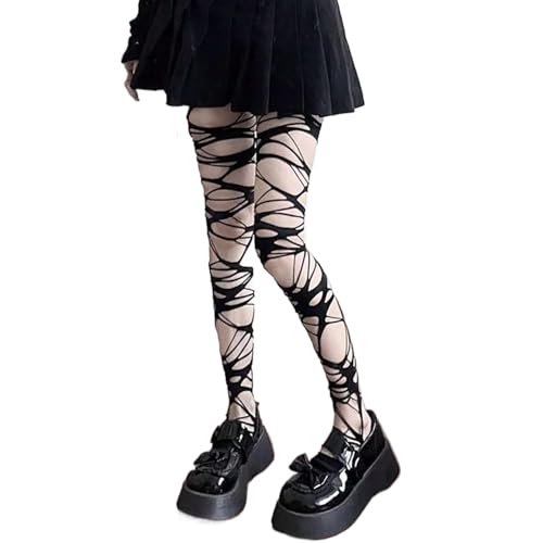 Image of Women's Ripped Tights, Gothic Punk Perforated Stocking, Women's Tights Y2K Ragged Pantyhose Hosiery