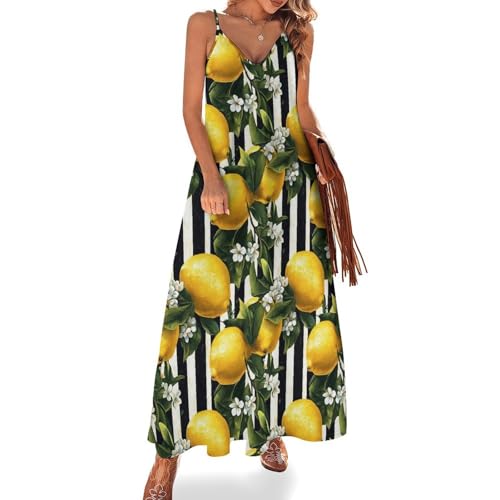 peiyeety Schwarz-weiß gestreiftes Zitronen-Print-Sommer-Maxikleid für Damen 2025, lässiges langes Strand-Sommerkleid mit Spaghettiträgern
