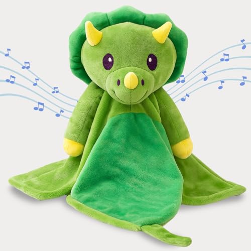Image of Love By Emi 4 in 1 Baby Lullaby Sleep Soother Toy - Stuffed Animal Sound Machine & Pacifier Holder | Heartbeat White Noise & Music | Plush Green Dinosaur Lovey Sleep Aid Security Blanket (0-3 Years)