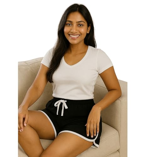 Image of Hangout Hub Women's Cotton Shorts | Boxer Half Pant with Sporty Stripe | Elastic Waist | Hypoallergenic Breathable Fabric | Sweat Absorbent Material | Gym Exercise Yoga Lounge Run Wear (Multi Color)