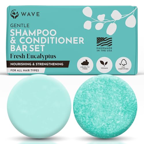 Wave Eucalyptus Oil Shampoo & Conditioner Bar Set - Natural & Organic Moisturizing Vegan Shampoo and Conditioner Bars for Women & Men - Long-Lasting (80-120 Uses)