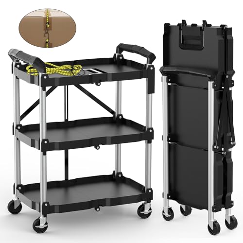 Foldable Utility Cart with Wheels, 3-Tier Holds 240lbs - No Assembly Required (for Home, Office, Garage, Warehouse)