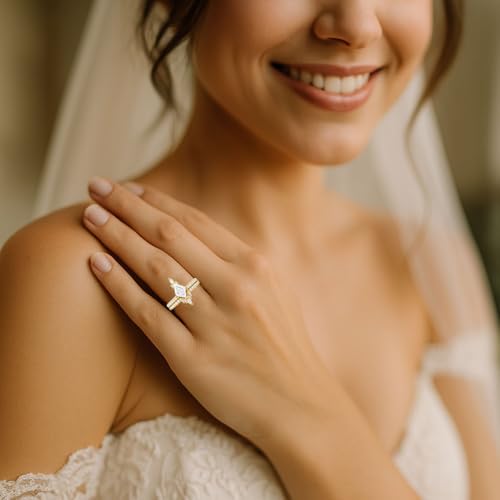 10K Gold 1.5 CT.tw. Moissanite Bridal Rings Sets for Her, 10K 14K 18K Real Yellow Gold Kite-cut Moissanite Engagement Ring Set for Women, 0.25Ctw Wedding Eternity Band for Engagement2