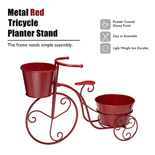 Glitzhome Hand Painted Metal Tricycle Plant Stand Standing Planter Flower Holder Indoor Outdoor Home Garden Patio Decor Red,21.5" L #TOP3