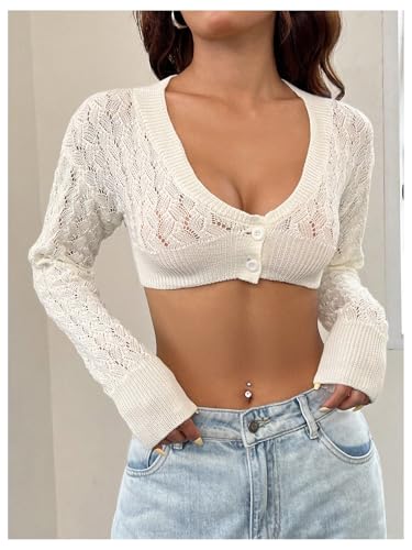 GORGLITTER Women's Crop Crochet Cardigan Button Down Long Sleeve Shrug Sweater4